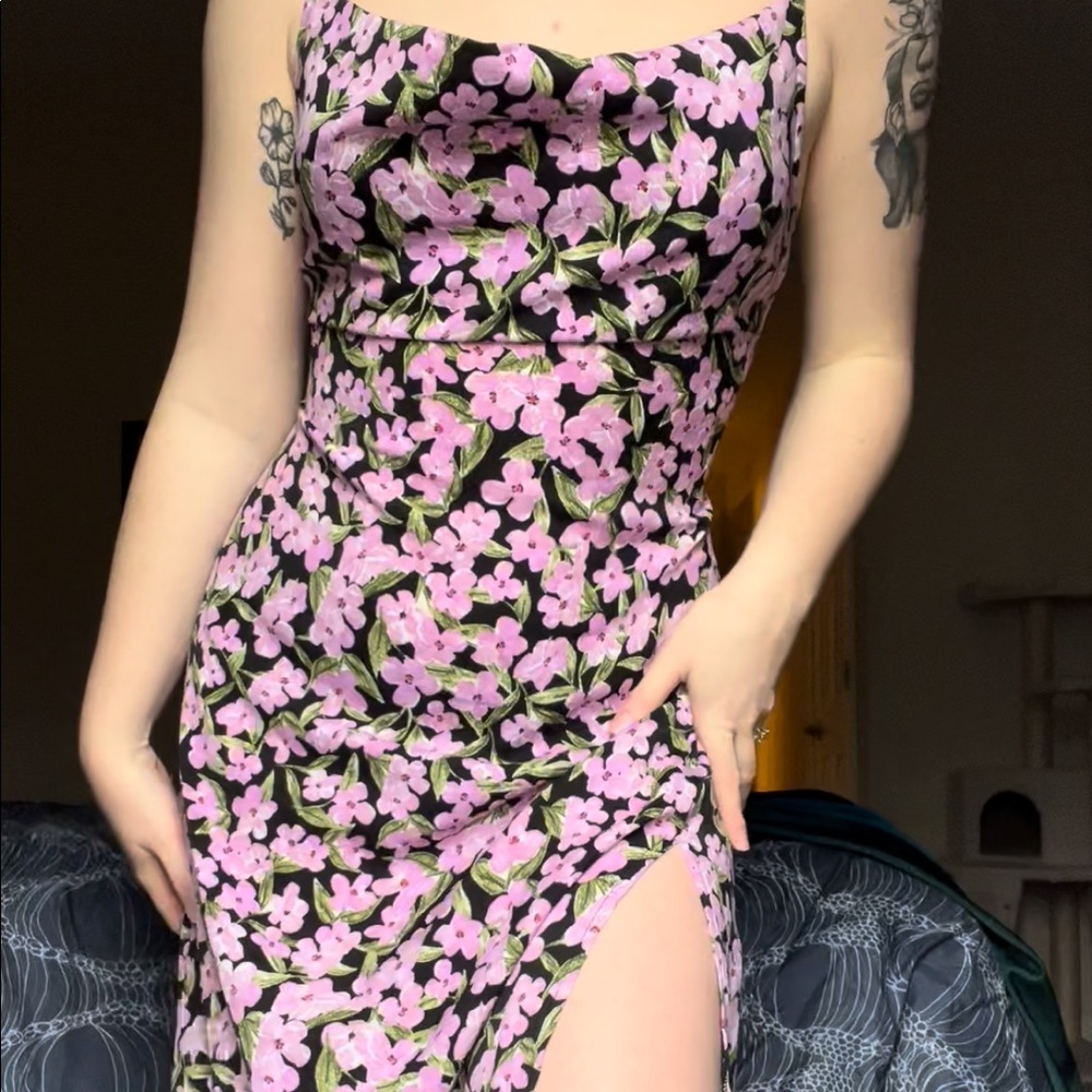 Purple floral open back midi dress